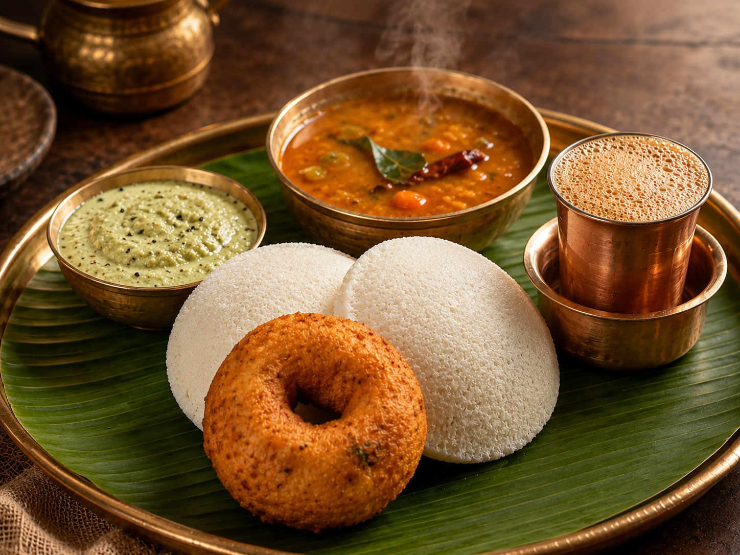 Soft idli, crispy vade, coconut chutney, sambar and South Indian filter coffee at Mysuru Coffee Bar