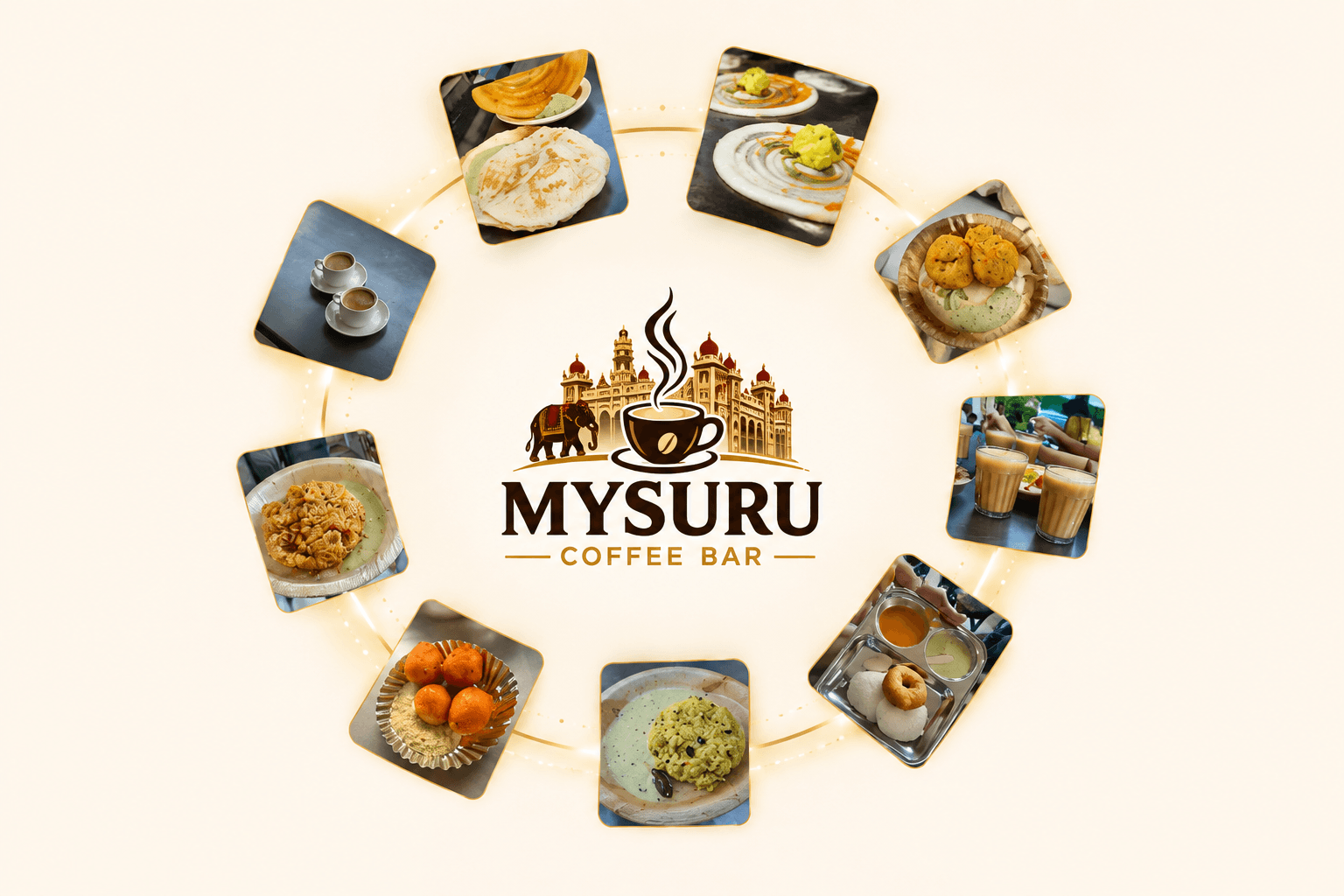 Mysuru Coffee Bar logo, featuring a decorated elephant and the Mysuru Palace behind a filter coffee cup